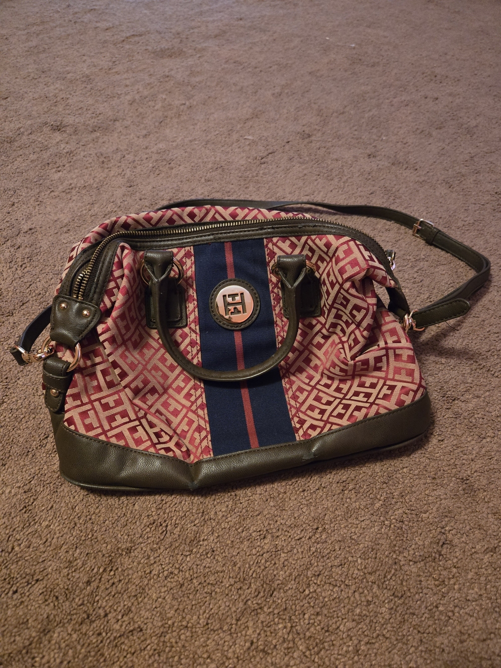 Tommy Hilfiger Red Monogram Satchel with Navy Stripe and Dark Trim